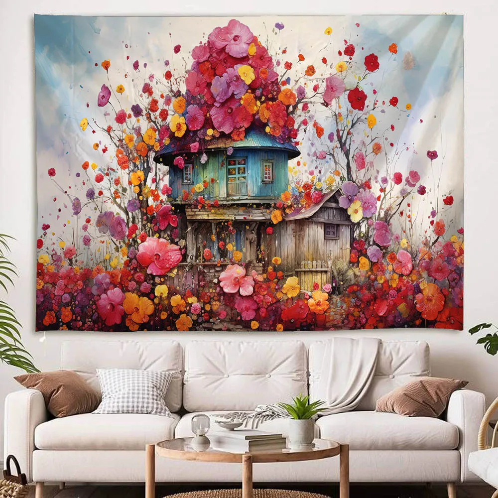 Cartoon Fairy Tale Wooden House Tapestry Dreamy Mushroom Forest Mural Wall Decor for Children's Room Home Decor