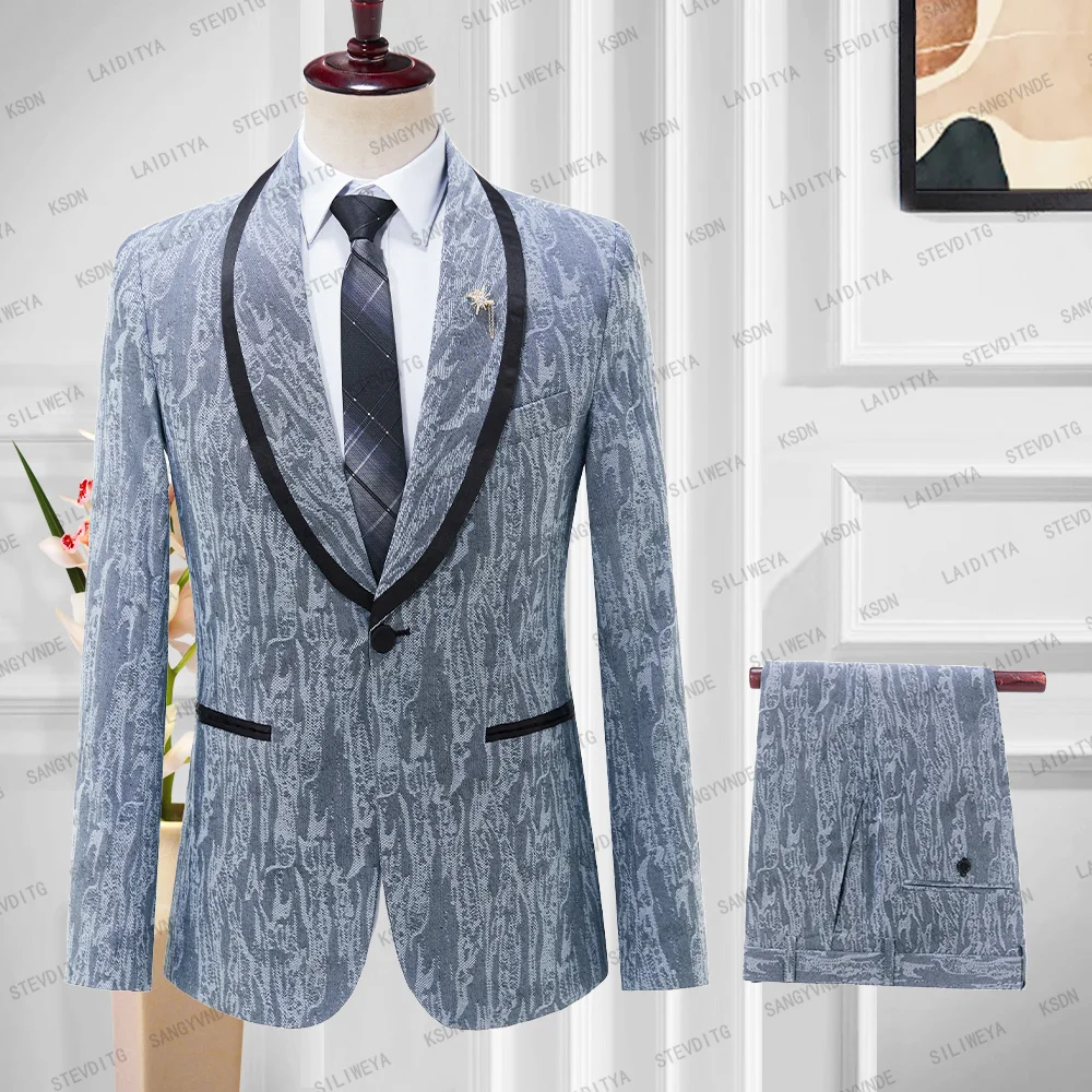 2023 New Mens Suits Light Blue Denim Jacquard With Black Satin Trimmed Lapel Tuxedo 2 Pcs Groom Terno Suits For Men（Jacket+Pant）