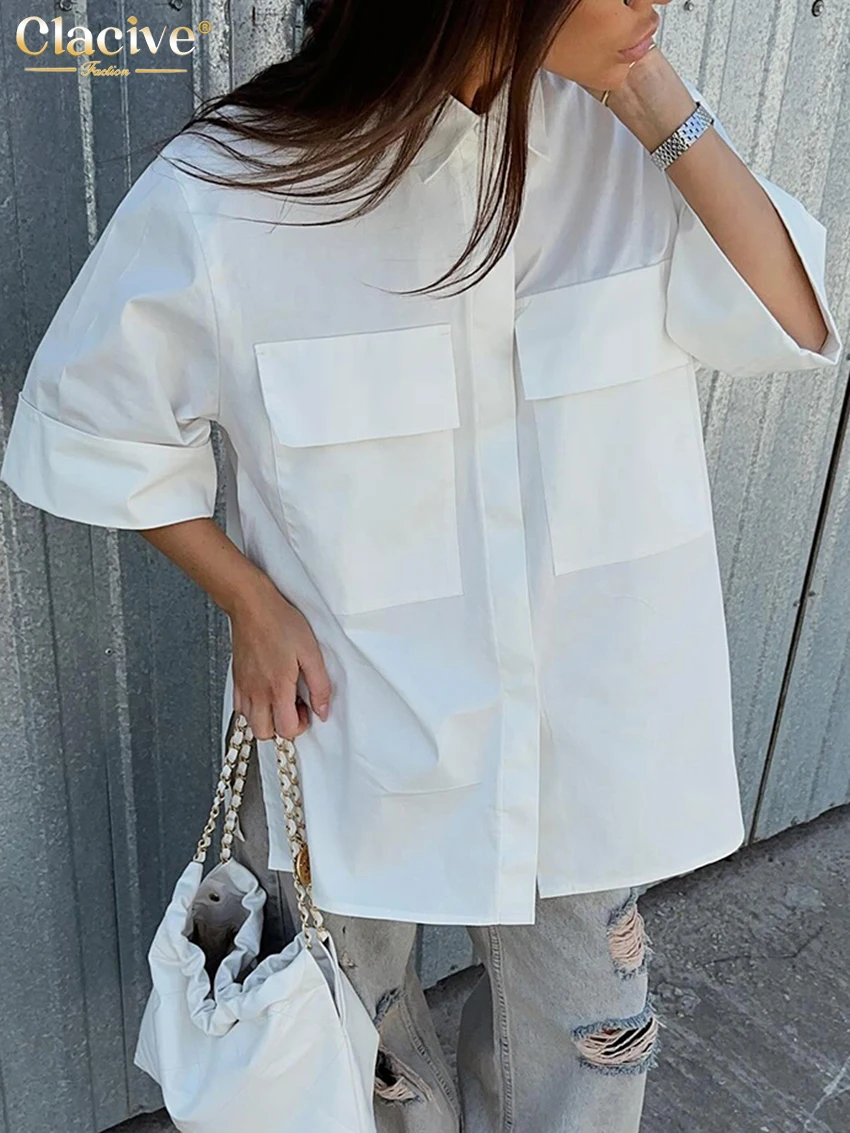 Clacive Fashion Loose White Cotton Women's Blouse Casual Lapel Short Sleeve Shirts Elegant Classic Pockets Tops Female Clothing