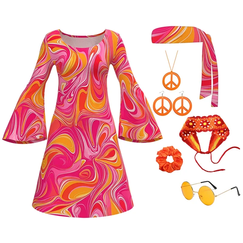7-teiliges Disco-Outfit, Hippie-Kostüm, Damen, Retro-Stil, Kleidung, Kleid, Friedenszeichen, Zubehör, Schmuck, Halloween