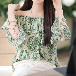 Ruffles Shirt Women 2024 Summer New Sweet Slash Neck Off Shoulder Tops Print Blouse Butterfly Sleeve Green Loose Clothes 27766