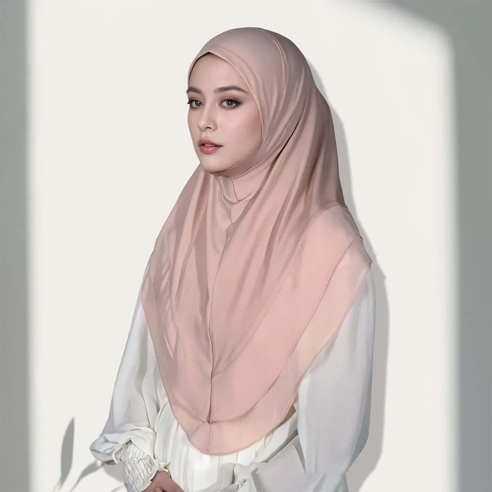 

Non-Transparent Double Layer Chiffon Hijab Elegant Drape Solid Color Instant Chin Cover Scarf Pinless Design Wrinkle-Resistant