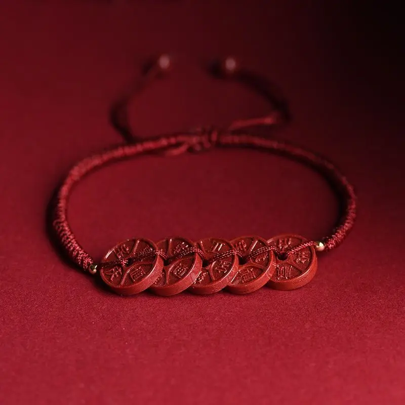 High Content Cinnabar Five Emperor Money Red Rope Foot Chain Female Bracelet Male Couple One Year of Life Hand Chain Foot Chain 5