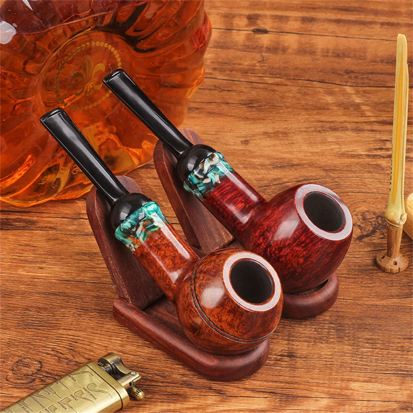 13mm Flue Big Air Chamber Bent Apple Pipe For Cut Tobacco Bruyere Wood Retro Gentleman Handmade Smoking Pipe With Accessory