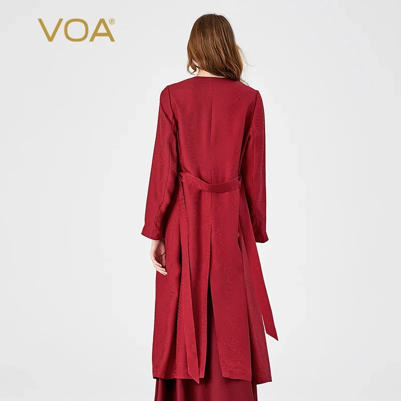 VOA 100% pur mûrier soie Jacquard vin rouge col en v à manches longues coupe-vent deux boutons ceinture ample droite Trench manteau FE376