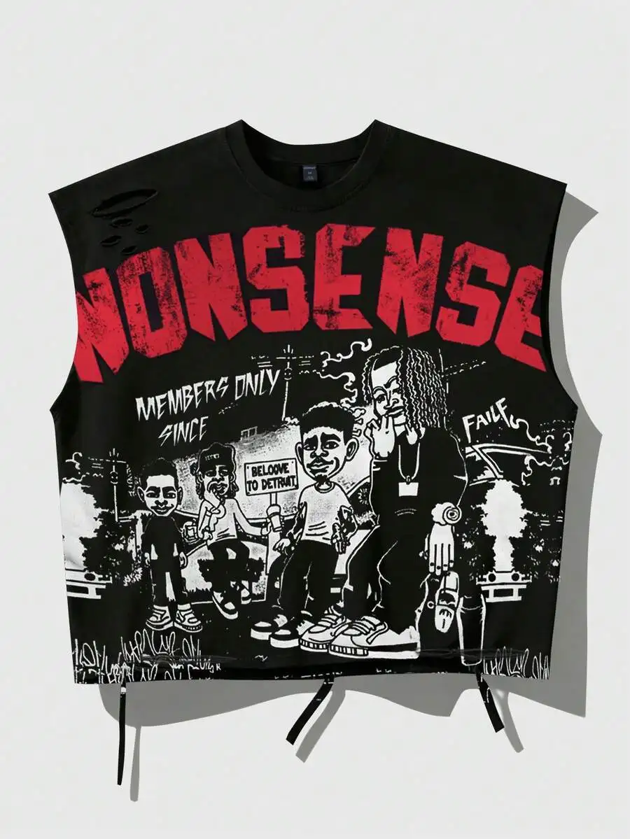 ROMWE MEN Street Life 2026 Spring/Summer New Casual Fashionable Y2K Style Sleeveless Crew Neck T-Shirt, Unisex Couple Matching