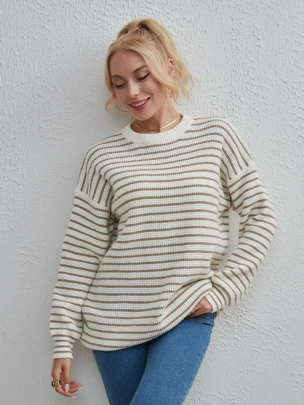 Wixra Striped Sweater Women Knitted Pullover Full Sleeve Casual O Neck 2023 Jumpers Loose Clothing Autumn Winter Hot