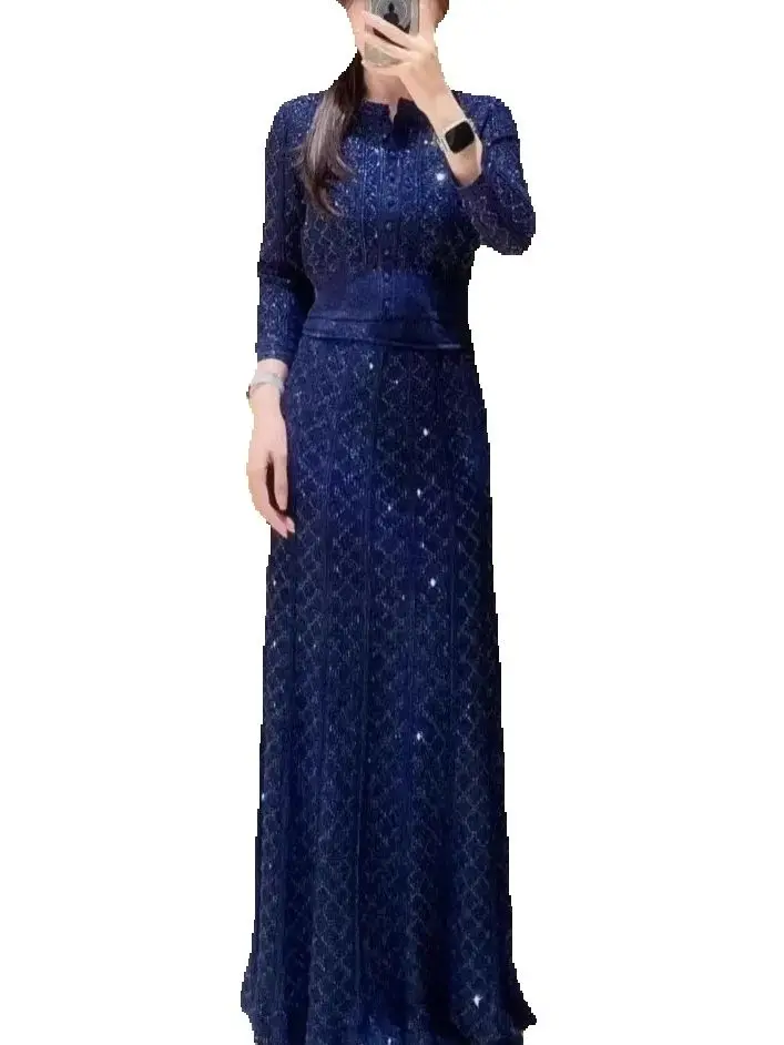 

Spring Women O-Neck Sequin Hollow Vertical Stripe Knit Set Long Sleeve Cardigan + A-Line High Waist Elegant Fashion Maxi Skirt