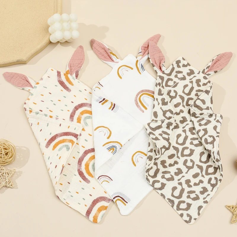 Baby Burp Clothes Double Layer Cotton Muslin Cute Rabbit Ears Newborn Square Towel Soft Comforter Sleeping Blanket Infant Towels