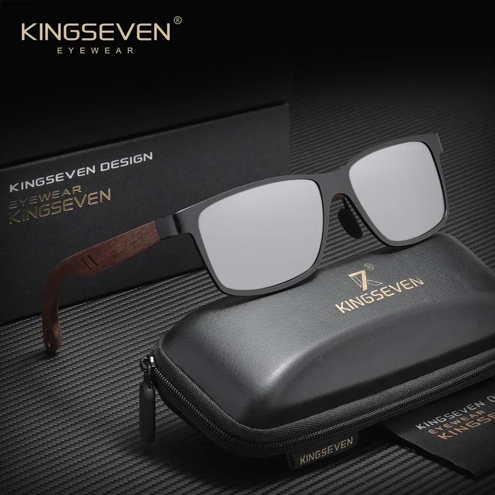 KINGSEVEN Polarisierte Sonnenbrille aus natürlichem Walnussholz, UV400, blendfrei, rechteckiger Rahmen, Retro-Brille für Autofahrer