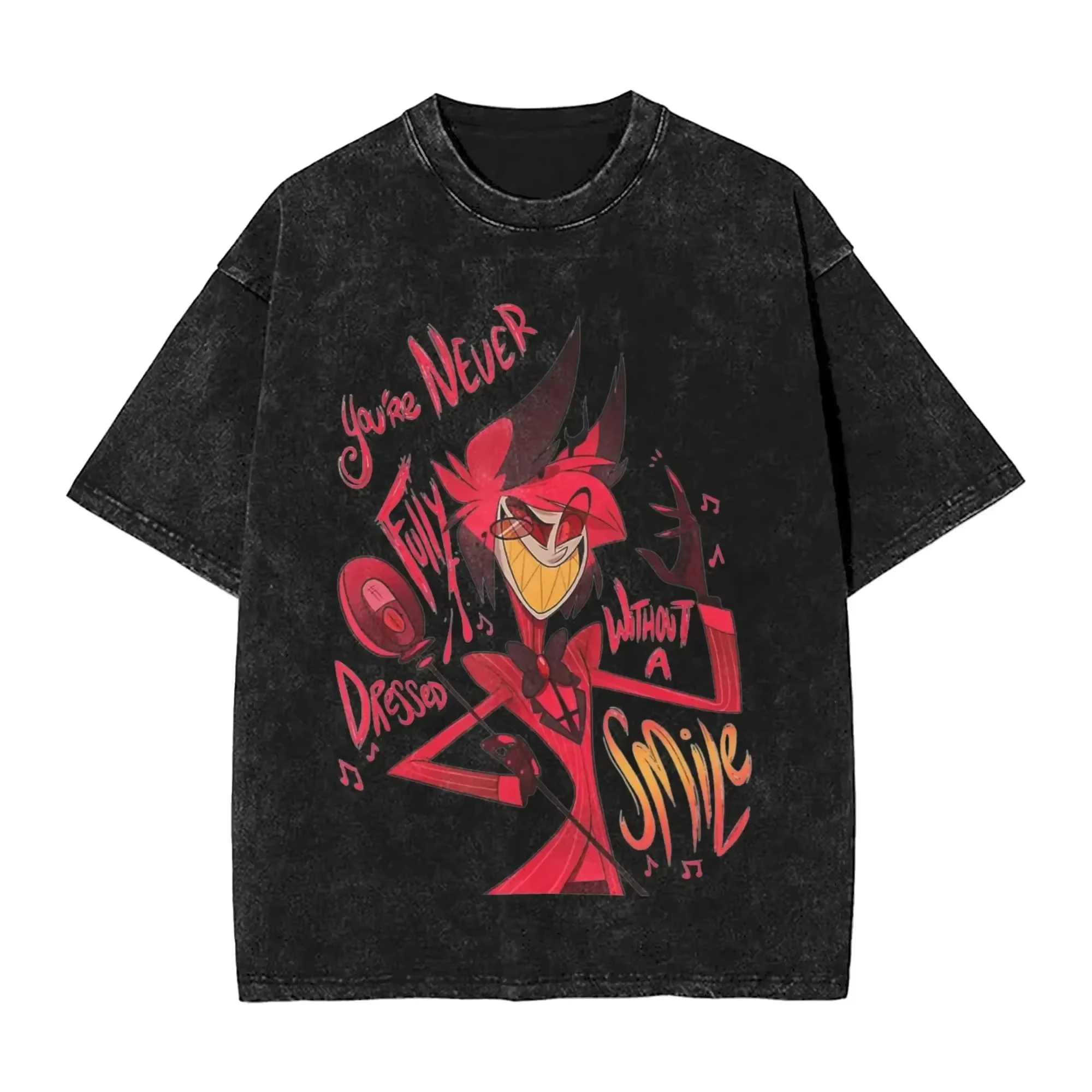 Vintage gewaschenes Baumwoll-T-Shirt mit Hazbin Hotel Alastor Radio Demon Grafikdruck, Unisex, locker geschnittenes Streetwear-Anime-Freizeit-Oberteil mit kurzen Ärmeln – Detail 3