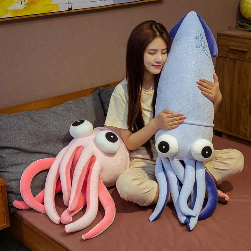 70~130cm Big Eyes Squid Stuffed Toy Plush Ocean Animal Pink Blue Down Cotton Filled Soft Decor Plushie Props