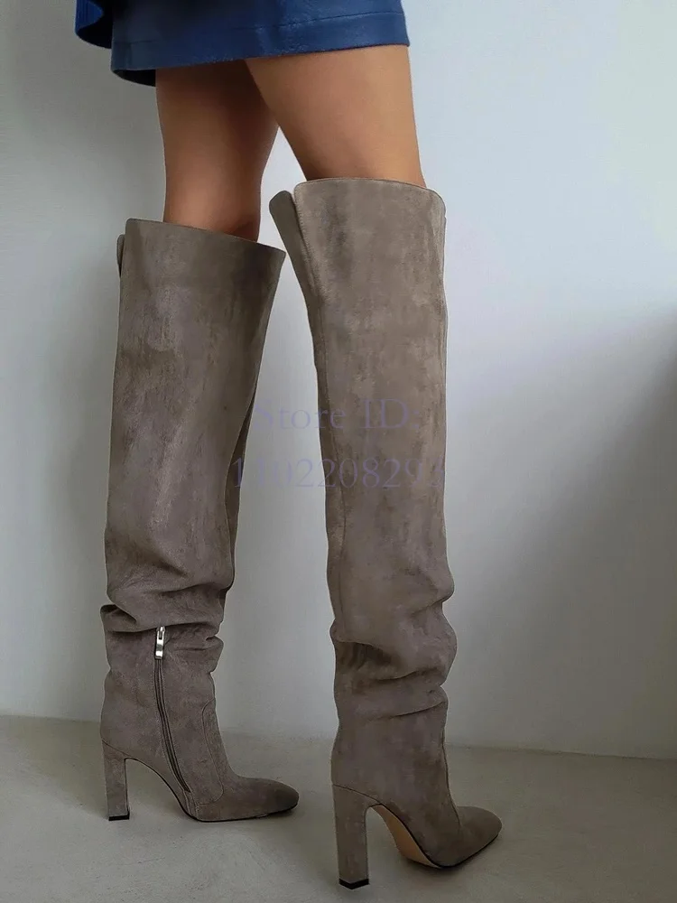 Retro Suede Gray Modern Boots Solid Pointed Side Zipper Square Heel Over-the Knee Boots Slip-on New Women Fashion Shoes 2025