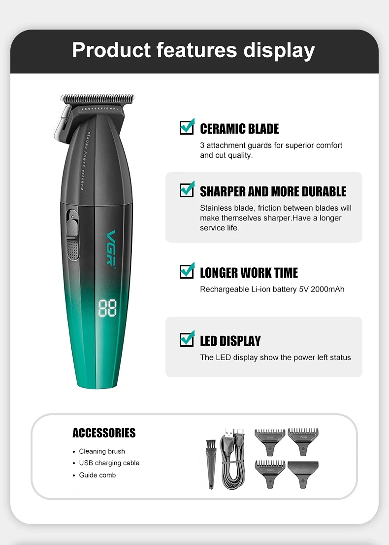 VGR haarschneidemaschine harrschneidemaschine haarschneidemaschine männer Haarschneider Professioneller Haarschneidemaschine Kabellos Haarschneider 9000 U/min Haarschnitt Barbier Metall Trimmer für Männer V-906 – Detail 2
