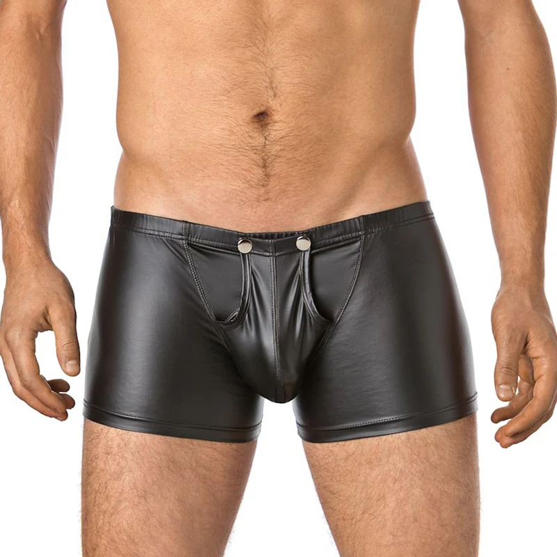 Sexy Open Bulge Pouch patent leather men's boxers, imitation leather, fun U-button easy-to-remove boxers panties men
