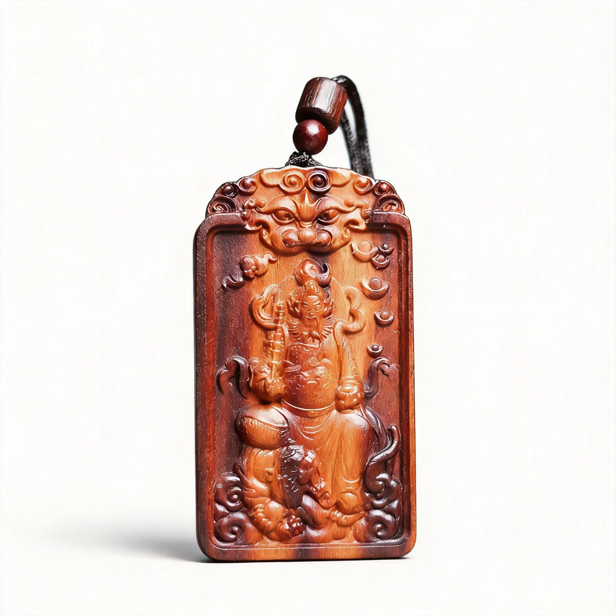 

Traditional Chinese Style Hand Carved Natural Thunder Struck Peach Wood Zhao Gongming Wealth God Pendant Lucky Fortune Blessing