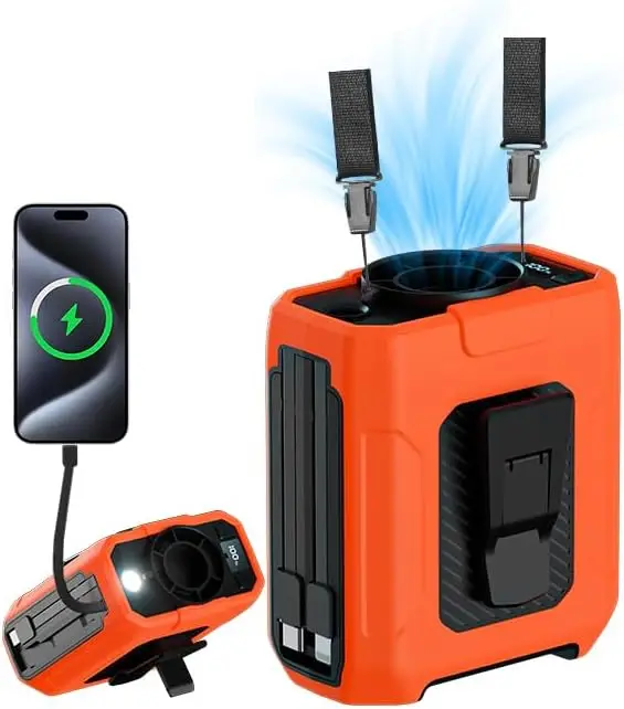 

10000mAh Waist Fan, 5 Speeds 16000RPM, 35H Cooling, Hands-Free, Power Bank & Light
