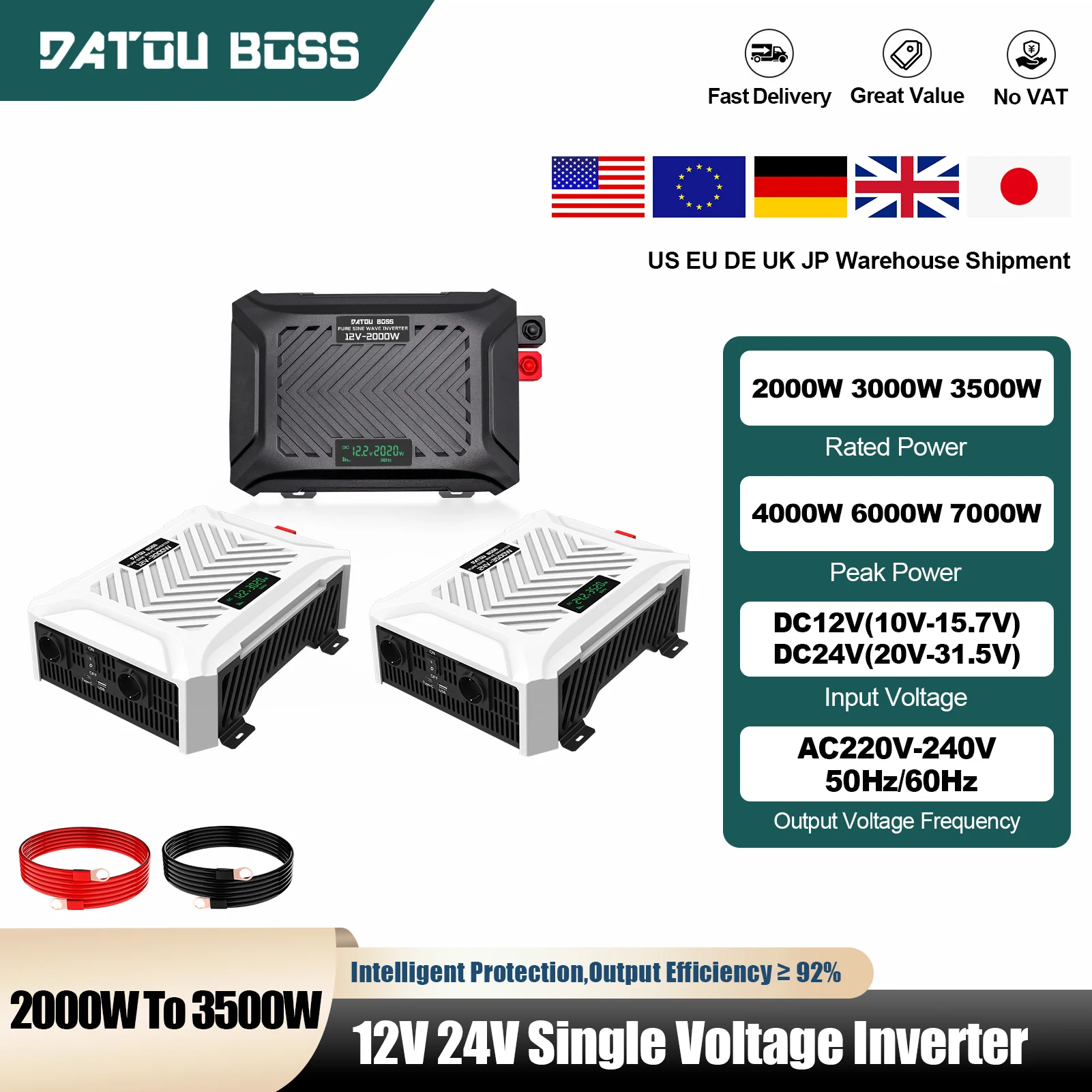 DATOUBOSS 2000W 3000W 3500W Inverter a onda sinusoidale pura 12V 24V Inverter per auto a tensione singola per sistema di accumulo di energia solare RV