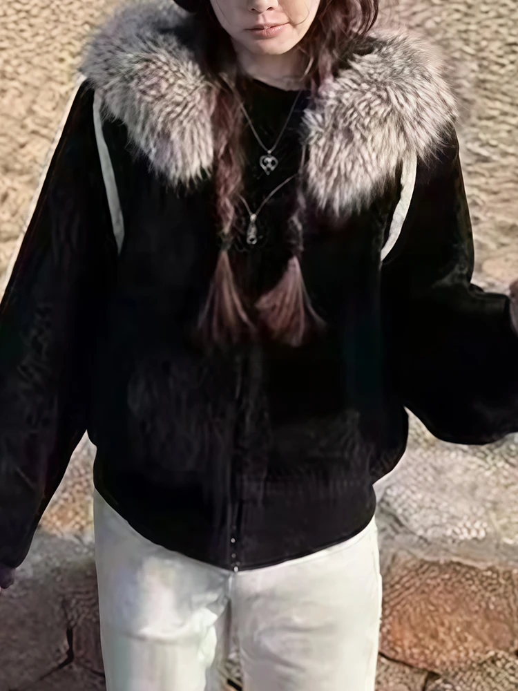 

Sweet Cool Bla Fur Collar Hooded Jaet Women's Winter New Sle Fce Lined Thiened Warm ort Cotton Coat Casual Loose...