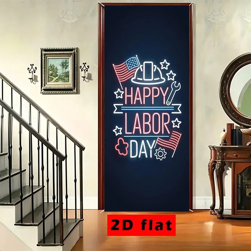 Bannière à motif plat 2D, 1 avec un motif « Happy Labor Day » représentant divers travailleurs célébrant la Journée du Travail aux États-Unis.