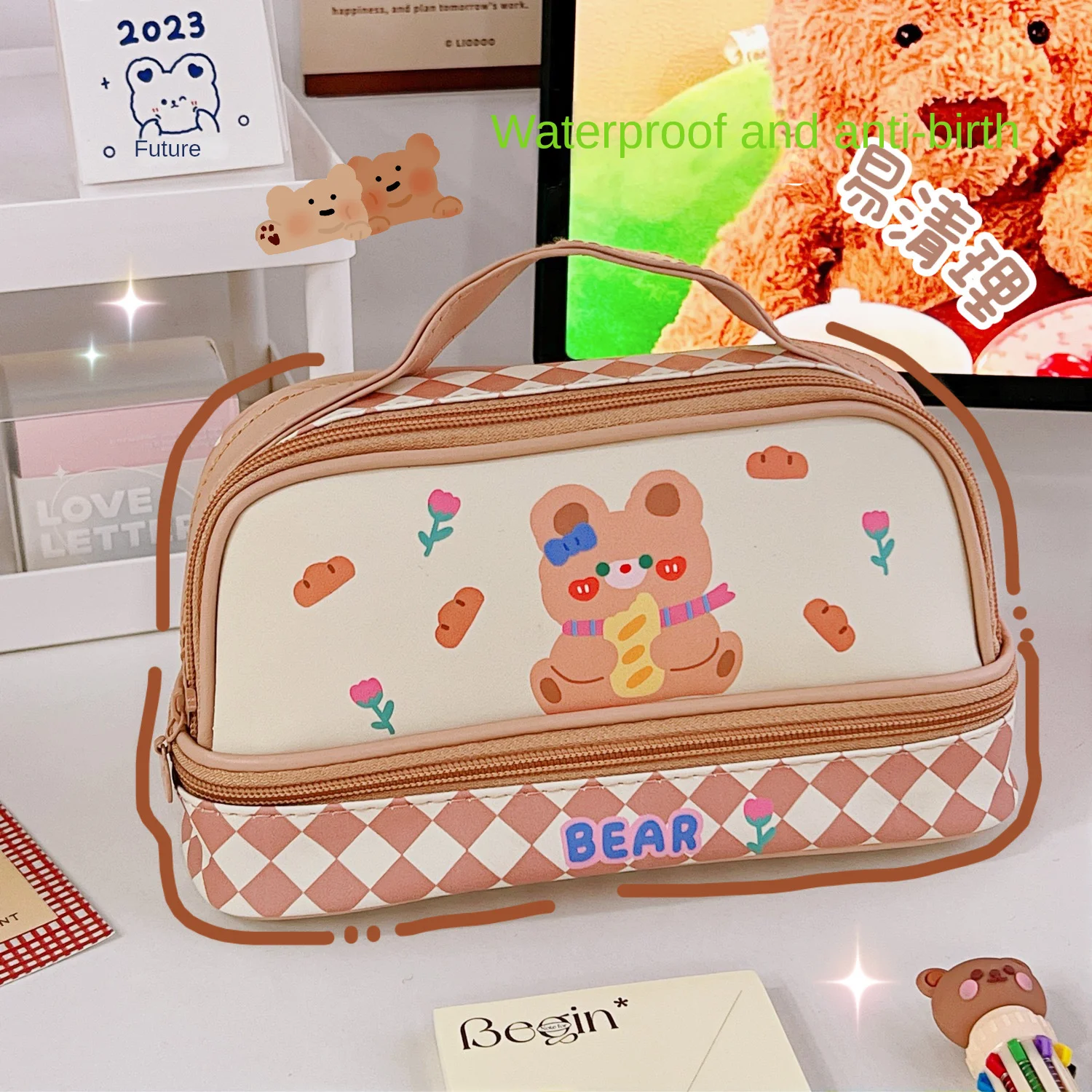 Cartoon Large Capacity Pen Bag Student Handheld Pen Bag Double Layer Storage Bag Cute And Simple Makeup Bag Stationery Box