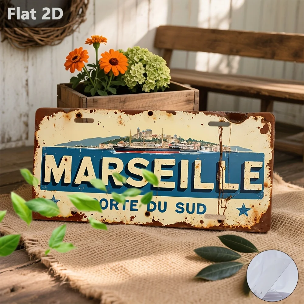 2D Flat - 1pc Vintage Marseille France Coastal Cityscape Metal Wall Art Sign - 30x15cm Retro French Port Sign with Blue &Painted