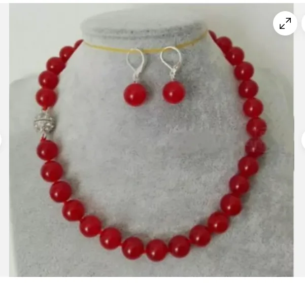 New Natural 10mm Red Jade Round Gemstone Beads Necklace Earrings Set 18