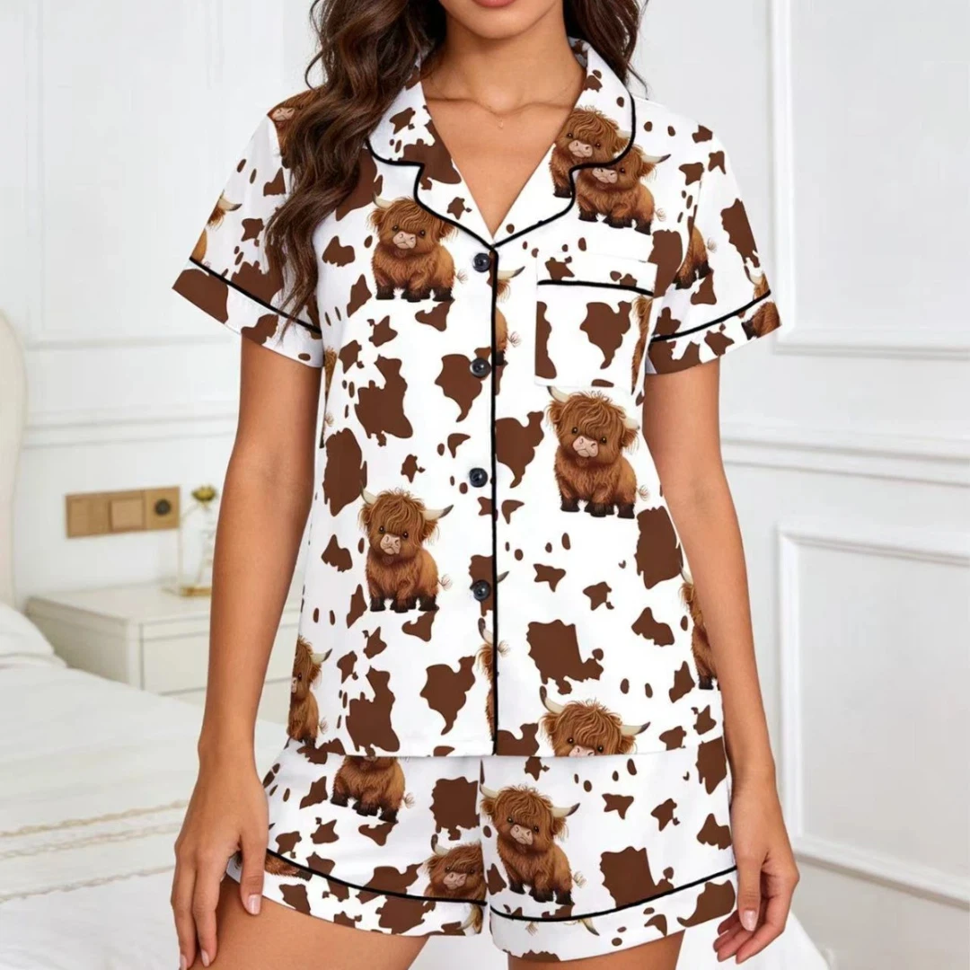 

Light Brown Women Pajama Set Easter Themed with Highland Cow Print Lapel Shorts-sleeved and Shorts Pants Home Wear Gifts
