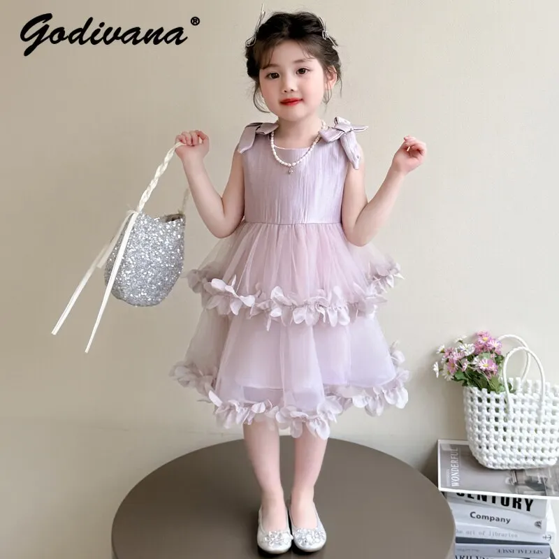 Sweet Baby Girls 2026 Summer New Tank Dress Childrens Fashion Petal Trim Cute Bow Mesh Patchwork Princess Birthday Party Dresses