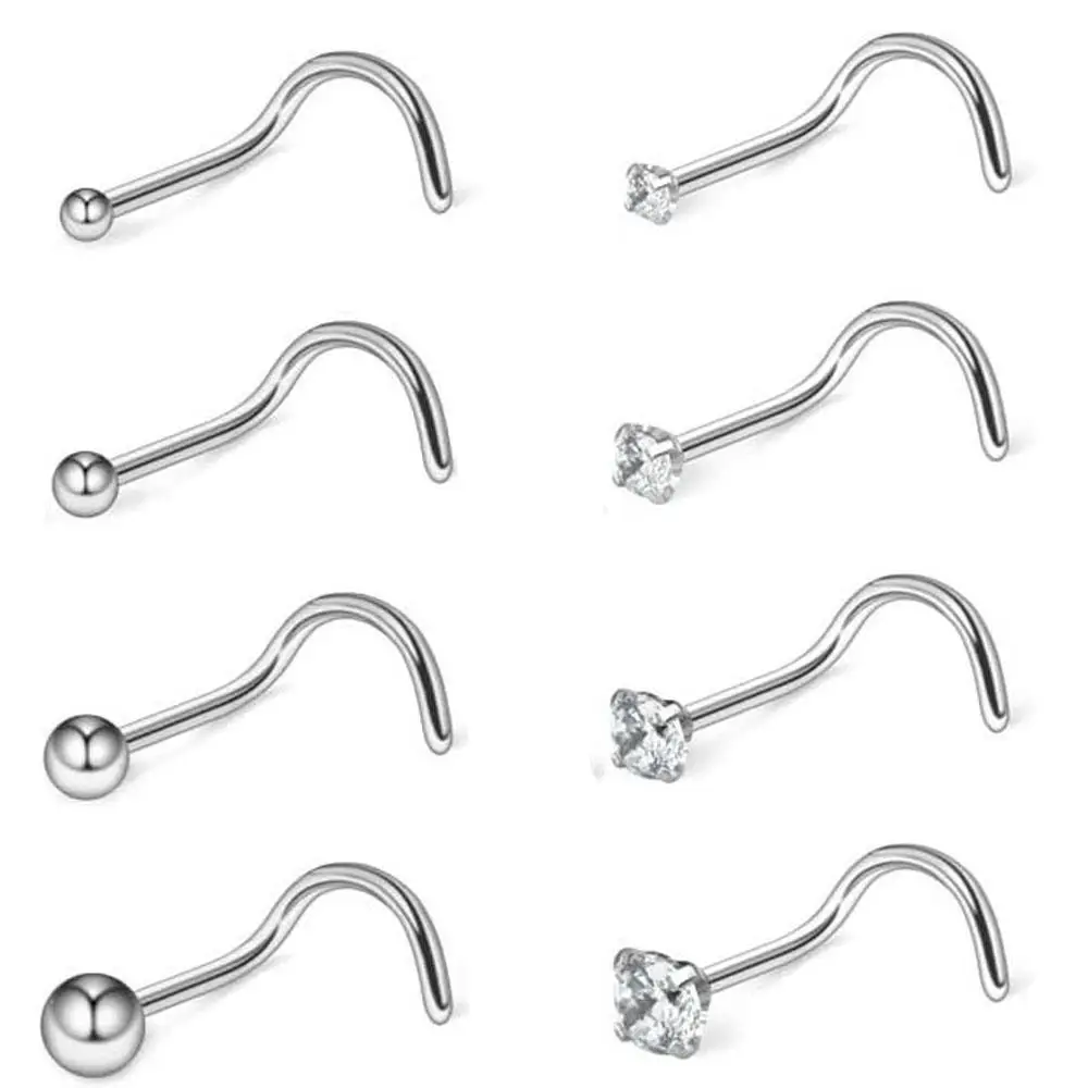 1/8Pcs Set Stainless Steel Silver Punk Nose Studs CZ Ball For Women Men Screw Nose Rings Fashion Piercing Jewelry Bend Rod 20G