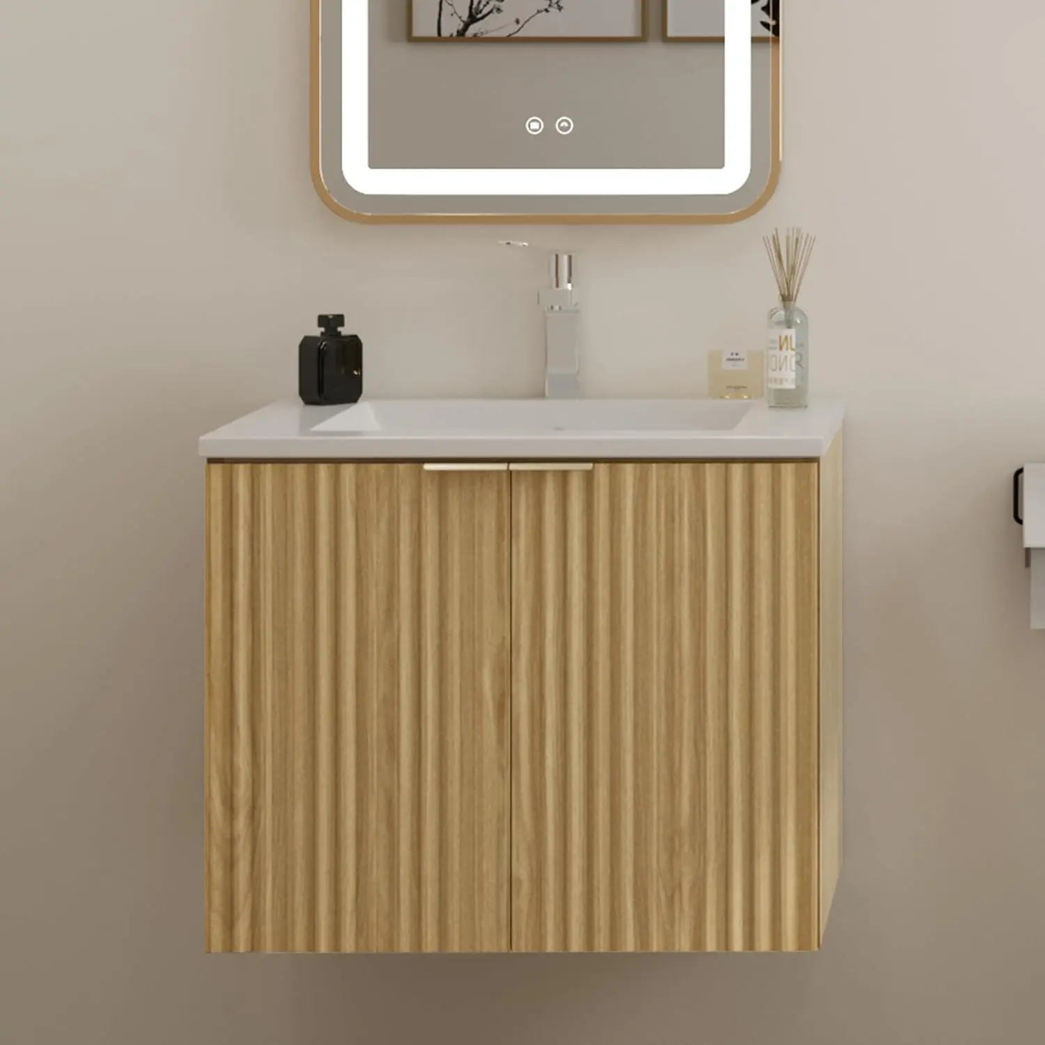 

Modern Bathroom Vanity with Sink and Wavy Textured Doors - Wall Mounted Floating Cabinet (Nature with Sink, 24)