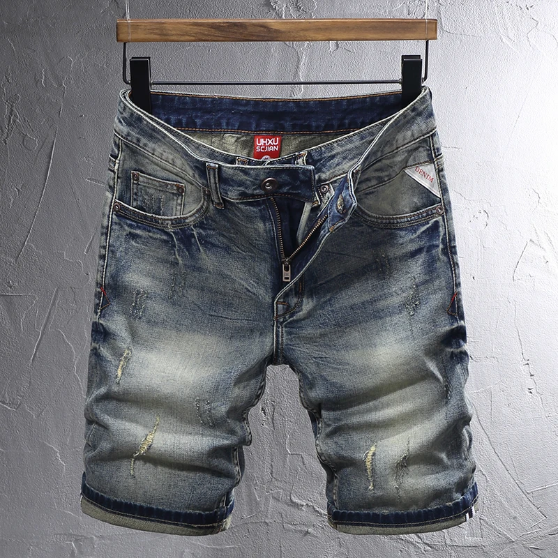 

Fashion Designer Short Jeans Men High Quality Retro Blue Stretch Slim Fit Ripped Jeans Summer Casual Vintage Denim Shorts Hombre