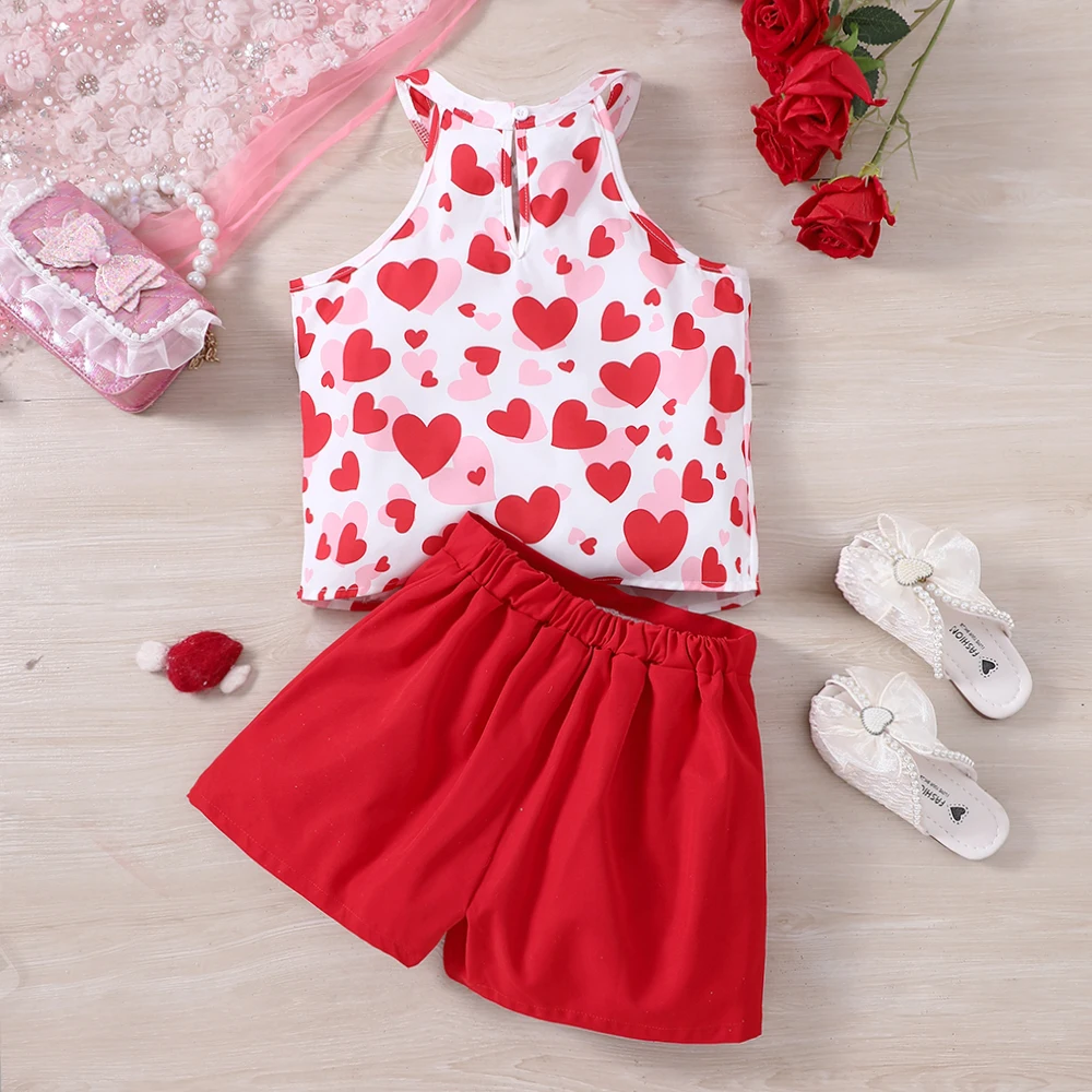 Girls' spring and summer new style Valentine's Day halter neck love print sleeveless top vest + double-breasted pure color short