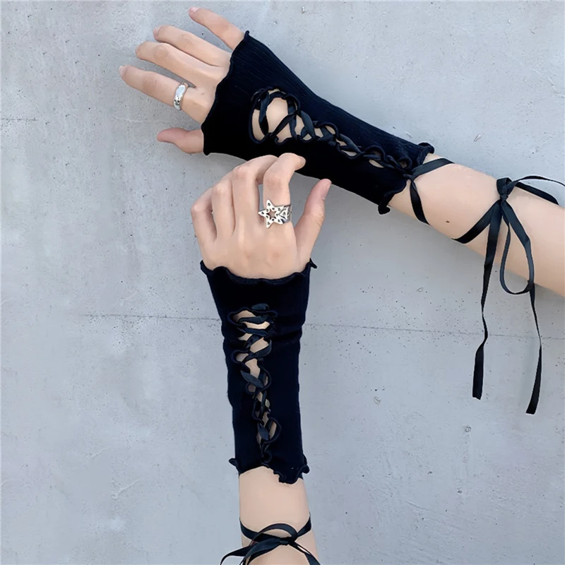 Guantes sin dedos para mujer, guantes góticos negros DIY con flejes, manga de protección solar, accesorios de ropa, guantes Punk elásticos cómodos