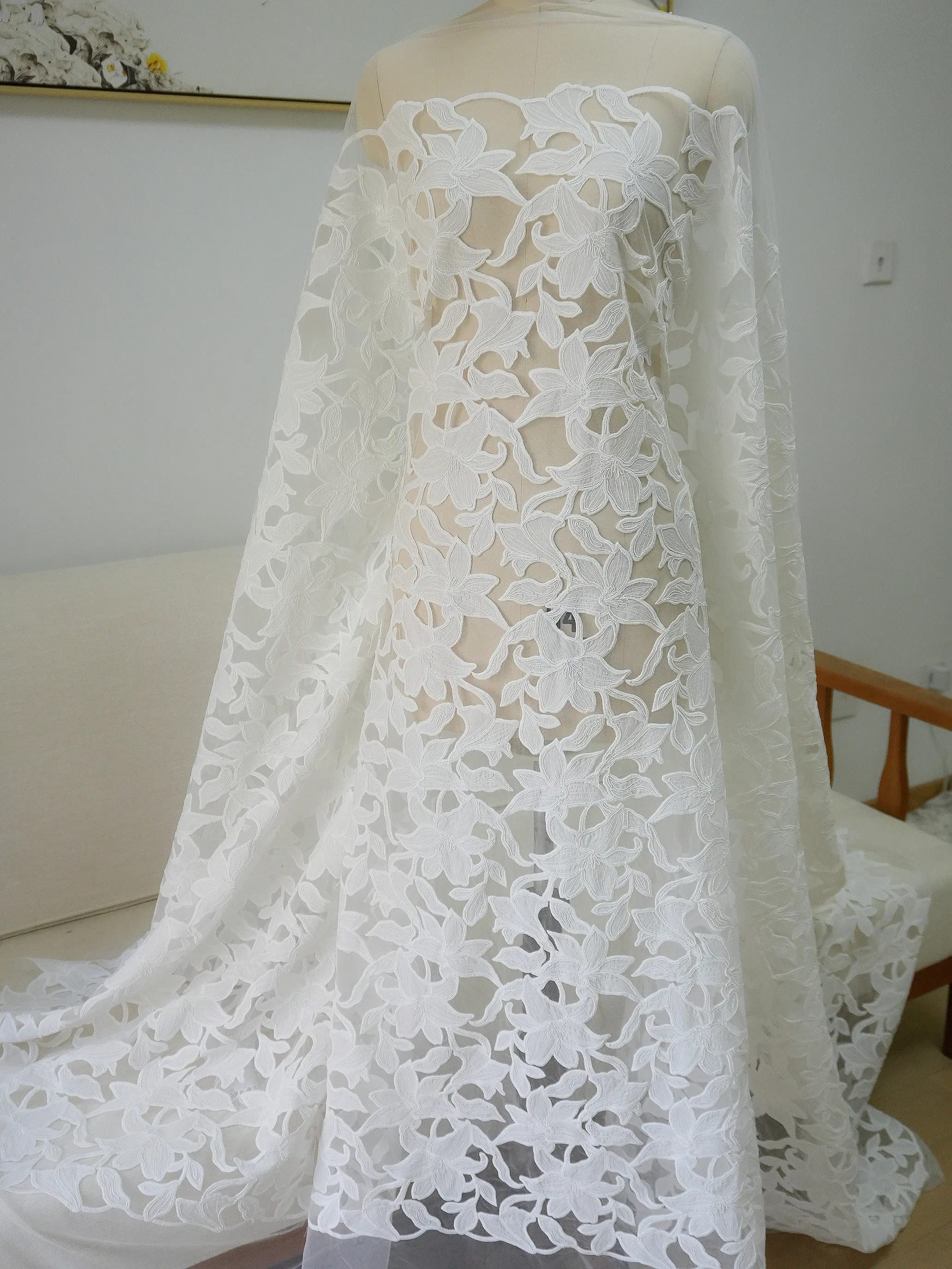 

White Floral Embroidered Lace Fabric with Boning for Wedding Dress DIY Flower Costume Trims Decor Hollow Out Material