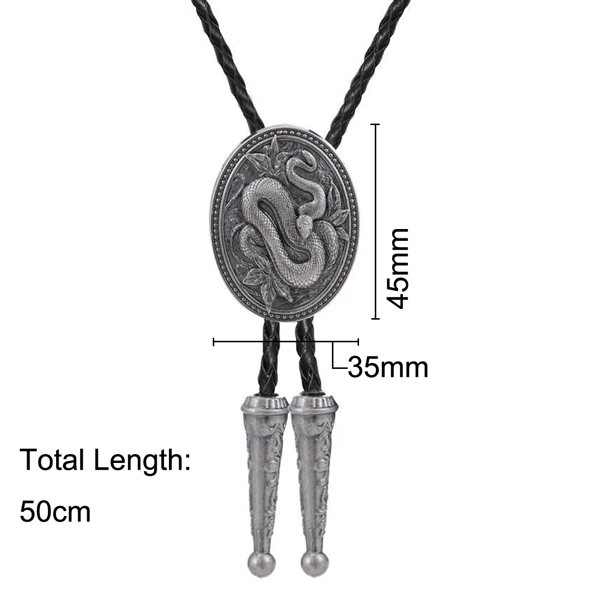 A Vintage Oval Antique Silver Buckle Animal Snake Pattern Western Cowboy Spring Fall Men's Leather Rope Bolo Necktie