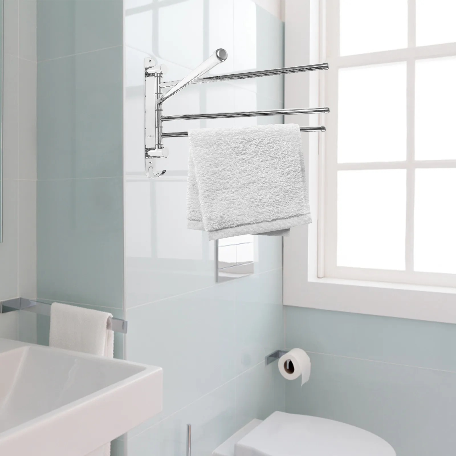 

4-Rod Stainless Steel Wall Mounted Swivel Towel Rack for Bathroom Kitchen Space Saving Multi Functional Towel Holder with Hooks