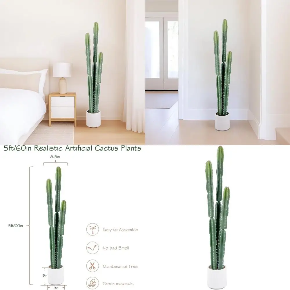 

UV-Resistant 5ft Tall Artificial Cactus with White Planter, 60in Realistic Faux Cacti for Indoor and Outdoor Decor