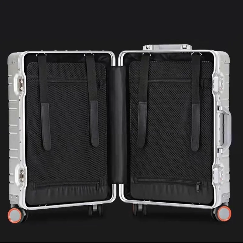 Kotak Trolley wanita, semua aluminium Magnesium Aloi logam roda Universal kata sandi logam Bisnis Travel Boarding Case keras