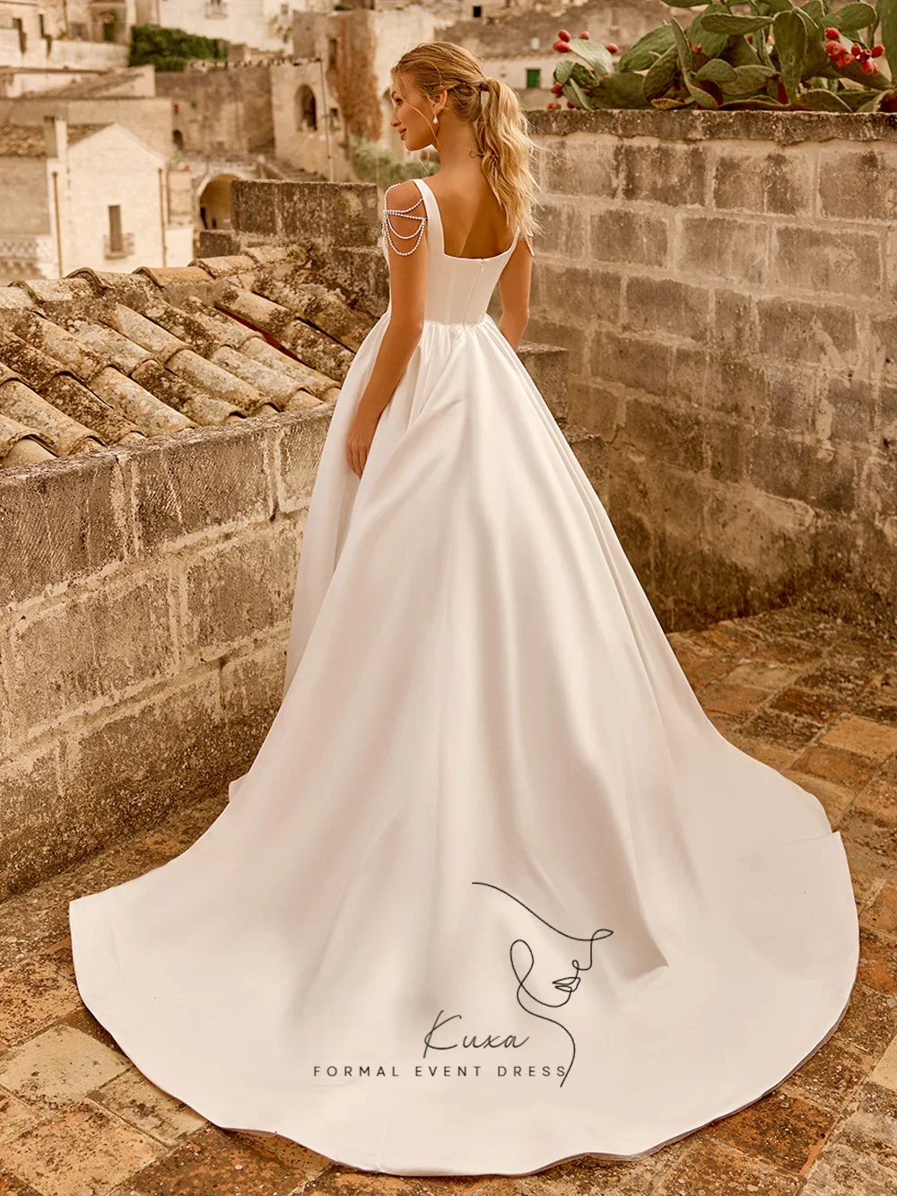 KUXA Sexy Satin Wedding Dress Customized Square Neck Pearls Back Zipper Sweep Train Vestido De Noiva A Line Bridal Gown for Lady