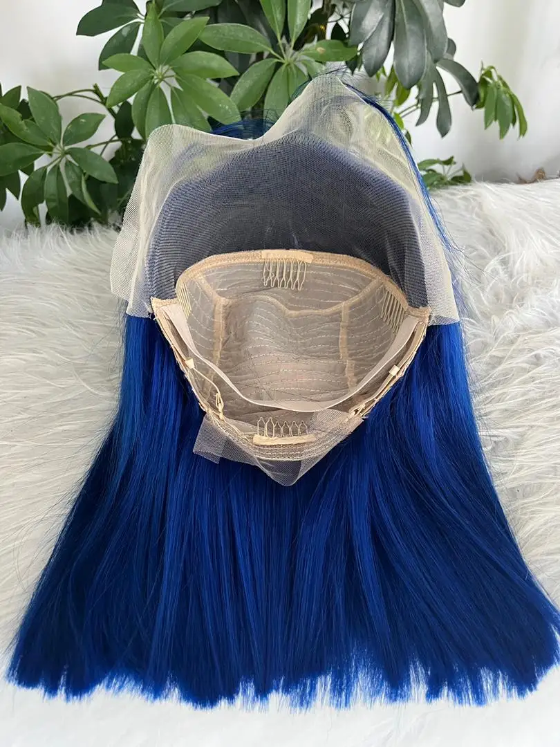 วิกผมบ๊อบสั้นสีน้ำเงินกรมท่าตรง วิกผมบ๊อบแบบมีเชือกผูกด้านหน้า 13x4 ผมแท้ 100% สำหรับผู้หญิงผิวสีดำ ผมบราซิล ขนาด 12 นิ้ว ลดราคา