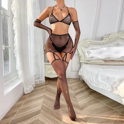 Chic Sexy Women Fishnet Bra Stocking Gloves Suit Hollow Sling Pantyhose Erotic Rhinestone Crystal Body Stockinging Lingerie