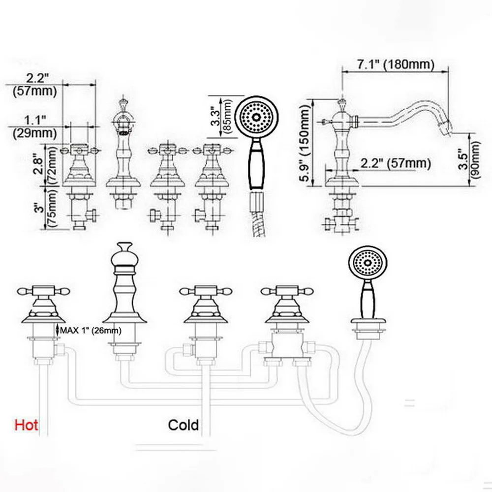 Antique Red Copper Five Hole Deck Mount Bathroom Tub Faucet Set with Handheld Shower Spray Head Mixer Tap Dtf223