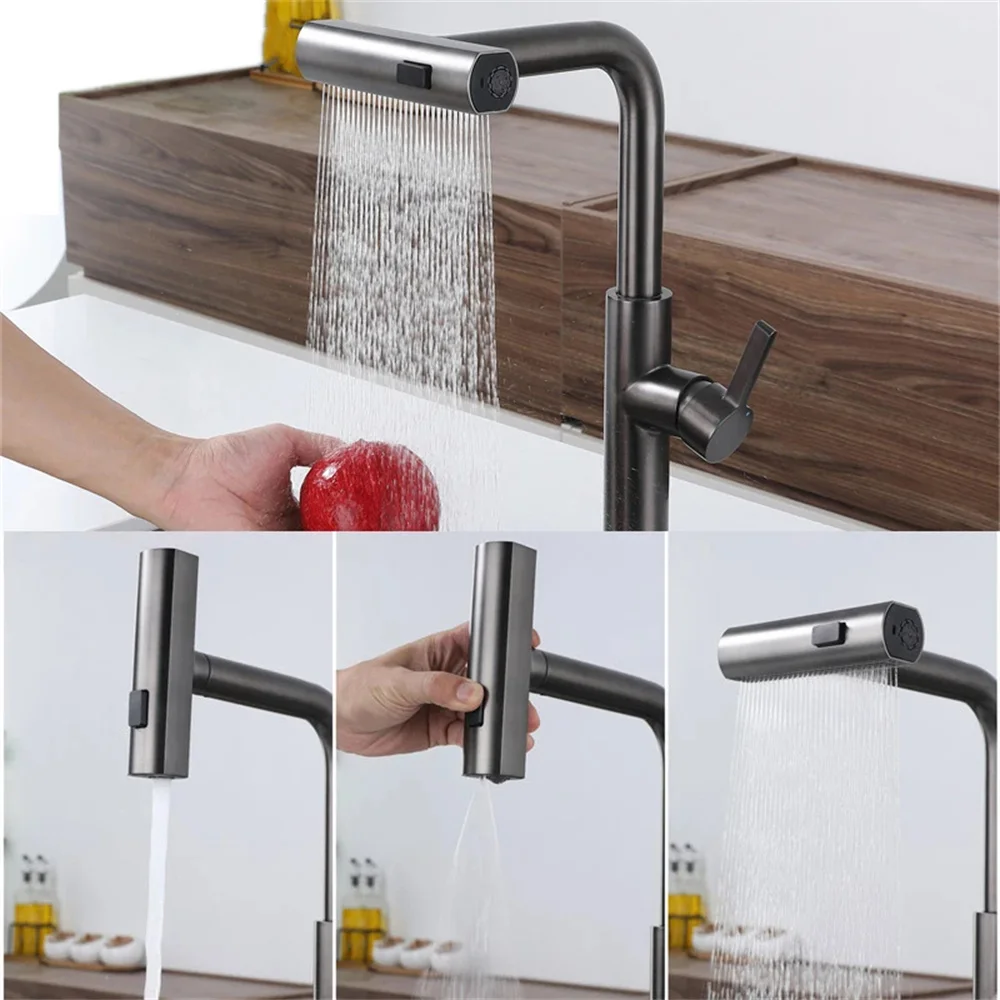 

304 StainlessKitchen Faucet Pull Out Rotation Waterfall Stream Sprayer Brushed High Efficiency Cleaning Sink Steel Tap Accessory