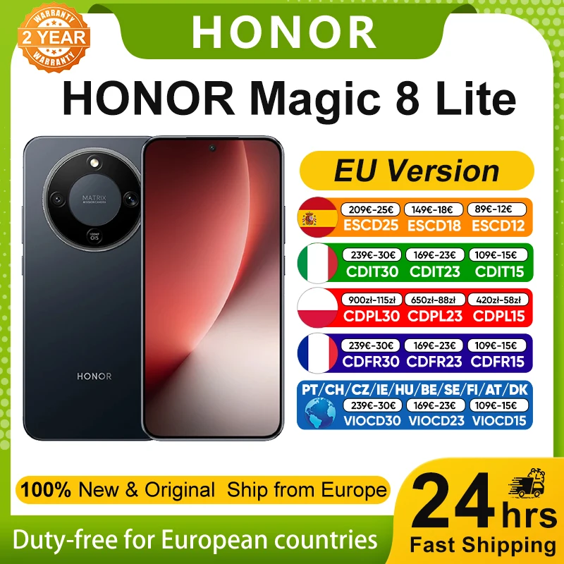 HONOR Magic 8 Lite Version UE Snapdragon 6 Gen 4 IP69K Résistant aux chutes de 2,5 m Résistant à la poussière 7500 mAh Supercharge 66 W Appareil photo IA 108 MP eSIM 6,79” 120 Hz AMOLED