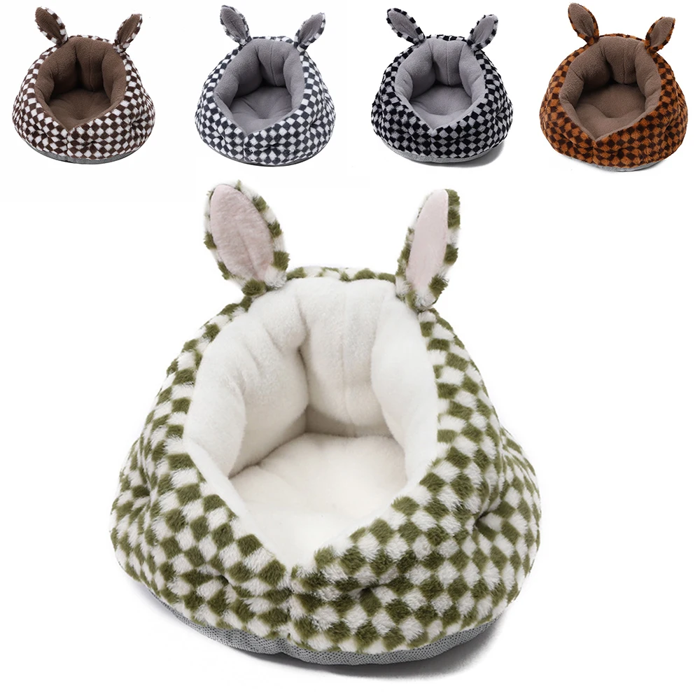 

Cute Rabbit Ear Cat Nest Winter Warm Small Dog Sleeping Bed Furry Puppy Kennel Cozy and Soft Semi Closed Indoor Kitten House