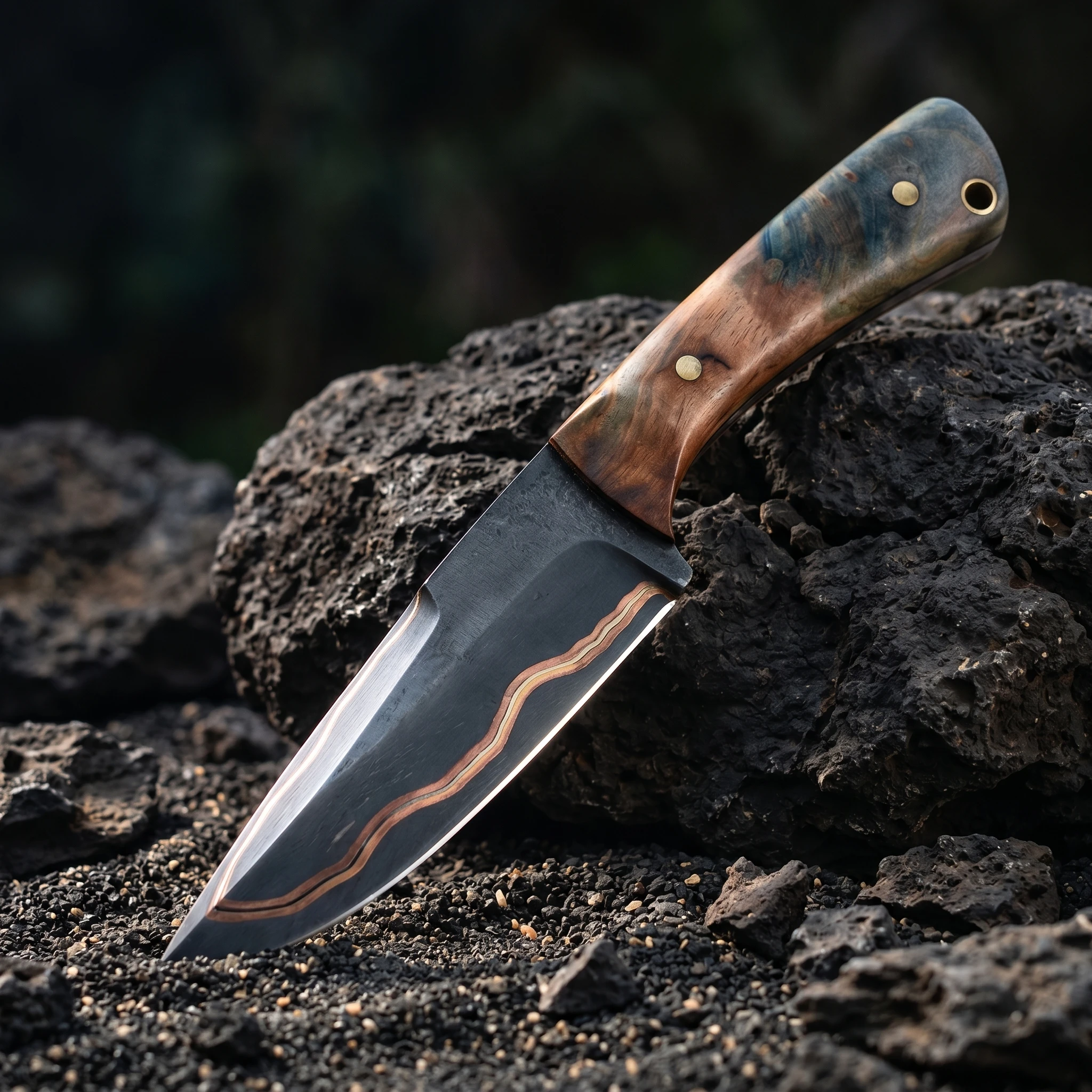 Hand-forged Damascus steel knife three-color copper-clad craftsmanship, outdoor camping, everyday carry, collection, and gifting