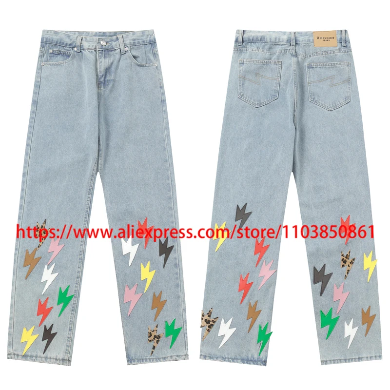 

Popular Multicolored Lightning Jeans High Quality Splicing Classic Logo Casual Pants Washed Blue Loose Lightning Straight Jeans