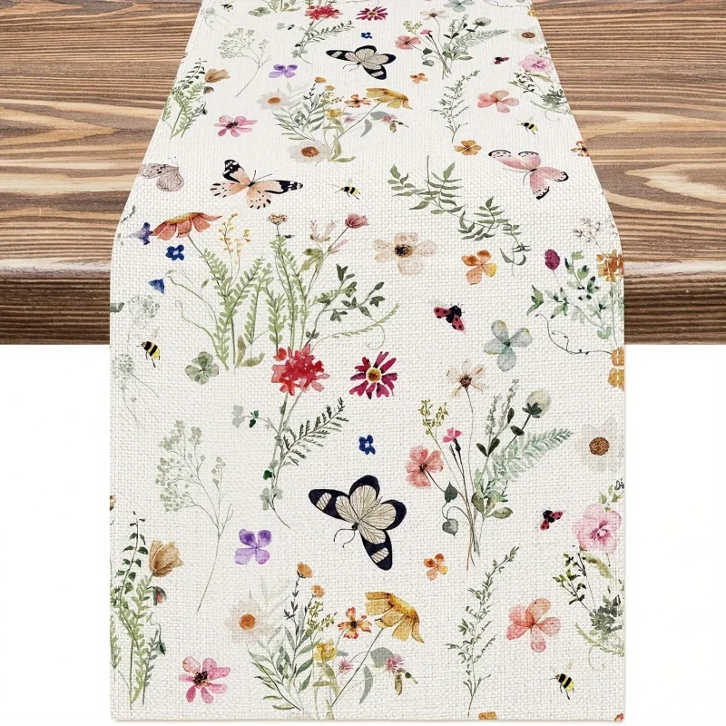 Wildflower Butterfly Tischläufer aus Polyester-Leinen, Tischflagge für Frühling und Sommer, ländliche Bauernhaus-Bienen-Tischdekoration