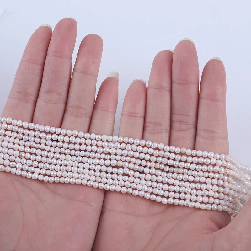 Promotional price 3-4mm full hole white near round shape natural freshwater pearls strands